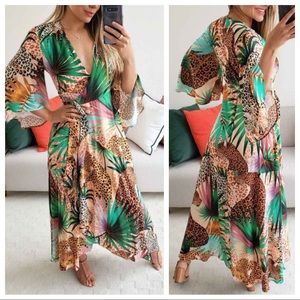 Farm Rio Leopard Caftan Maxi Wrap Dress Sz S